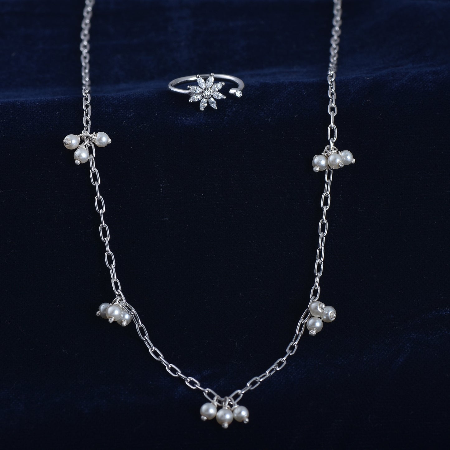 Silver Sparkle Duo Pearls Necklace & Ring Set