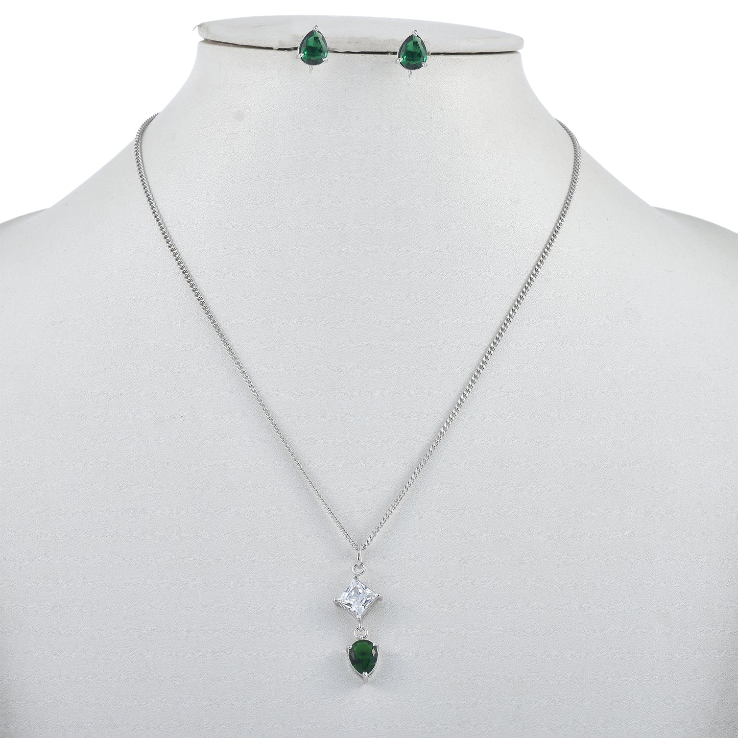Silver Rhodium Emerald Glow Necklace Set