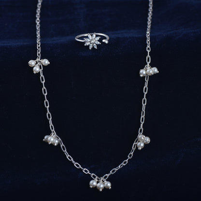 Silver Sparkle Duo Pearls Necklace & Ring Set